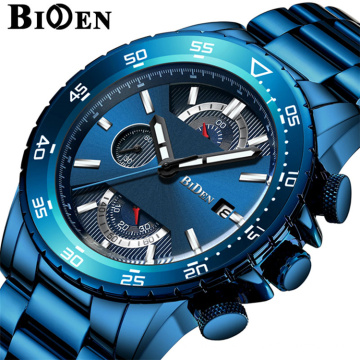 BIDEN 0150 2019 Fashion Blue Watch Men Quartz Clock Metal Strap Multifunction Calendar Sports Mens Watches Top Brand Luxury